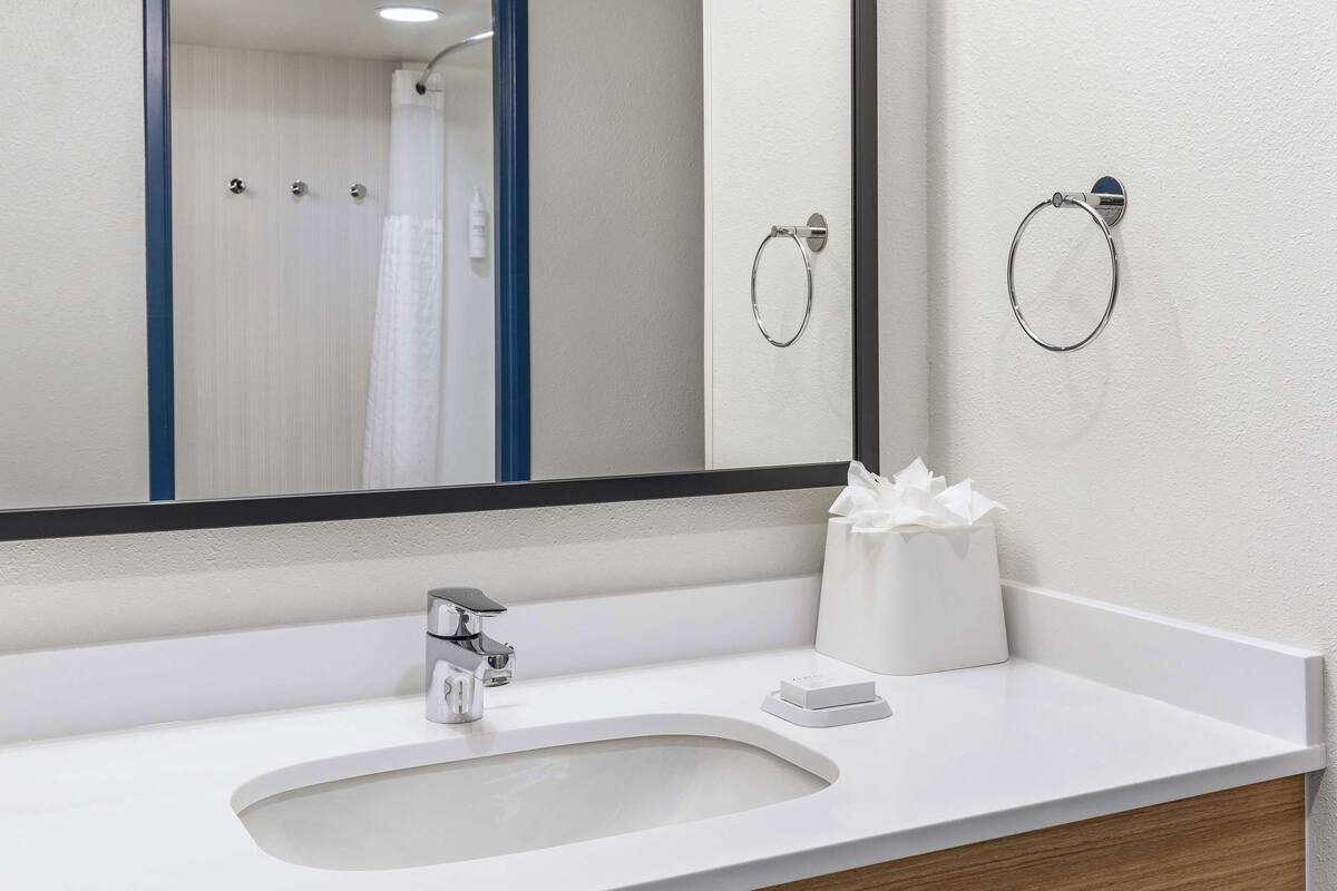 combined shower/bathtub, free toiletries, hair dryer, towels