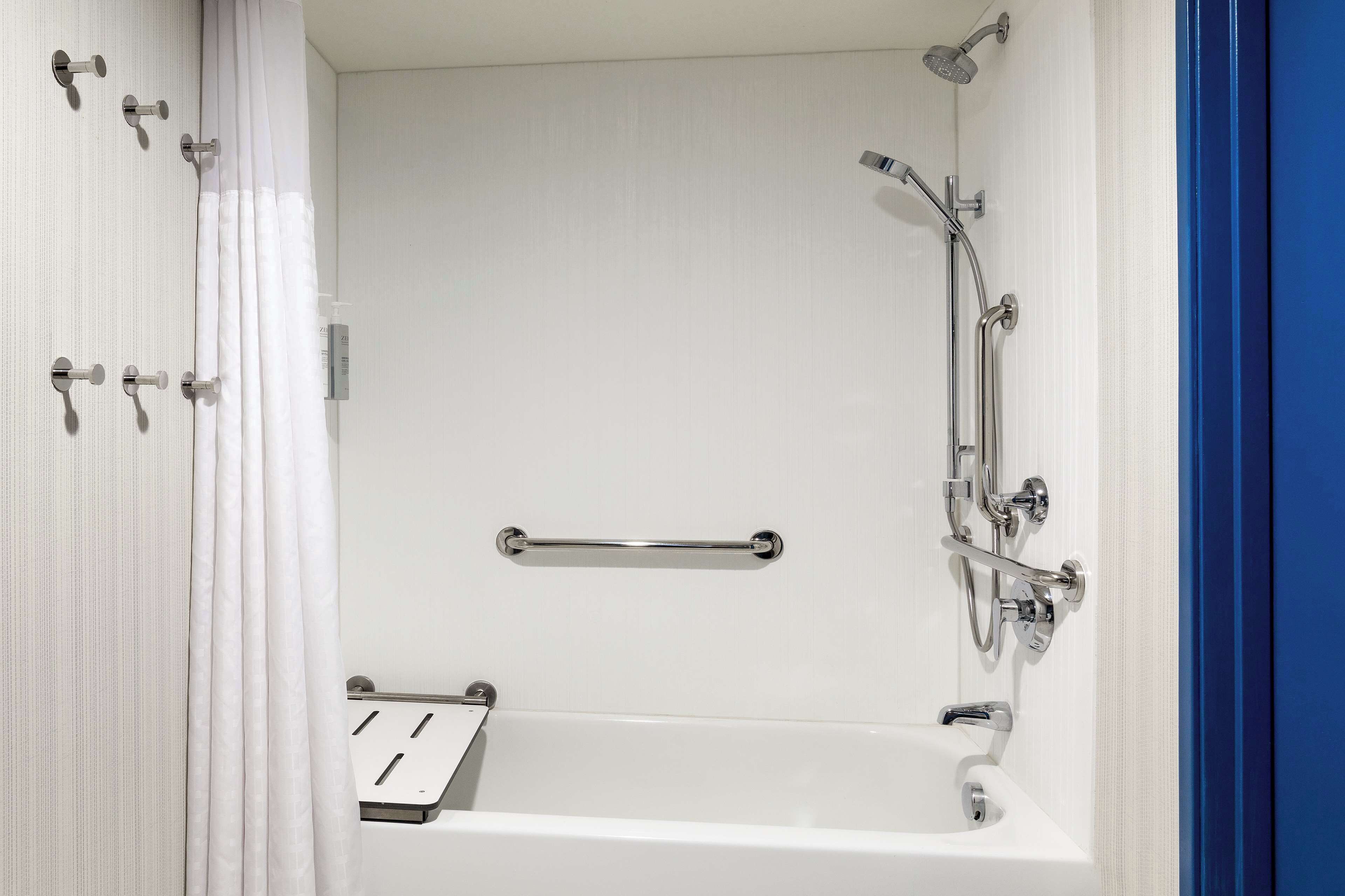 combined shower/bathtub, free toiletries, hair dryer, towels