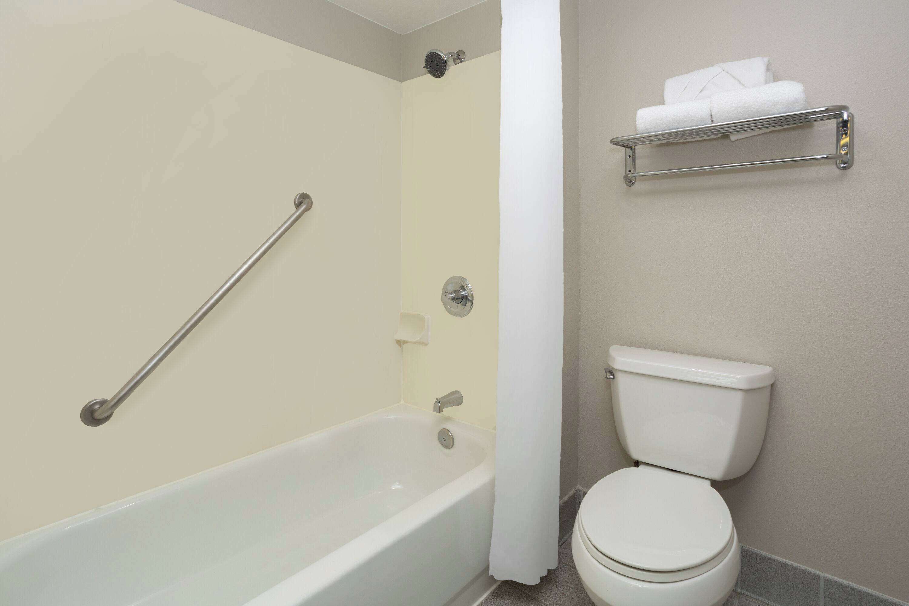 Ein Badezimmer mit Badewanne, Toilette, Dusche und Handtuchhalter.