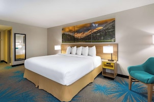 Habitación de hotel con una cama grande, una mesita de noche con lámpara, una silla y un cuadro colgado en la pared que muestra un paisaje montañoso.
