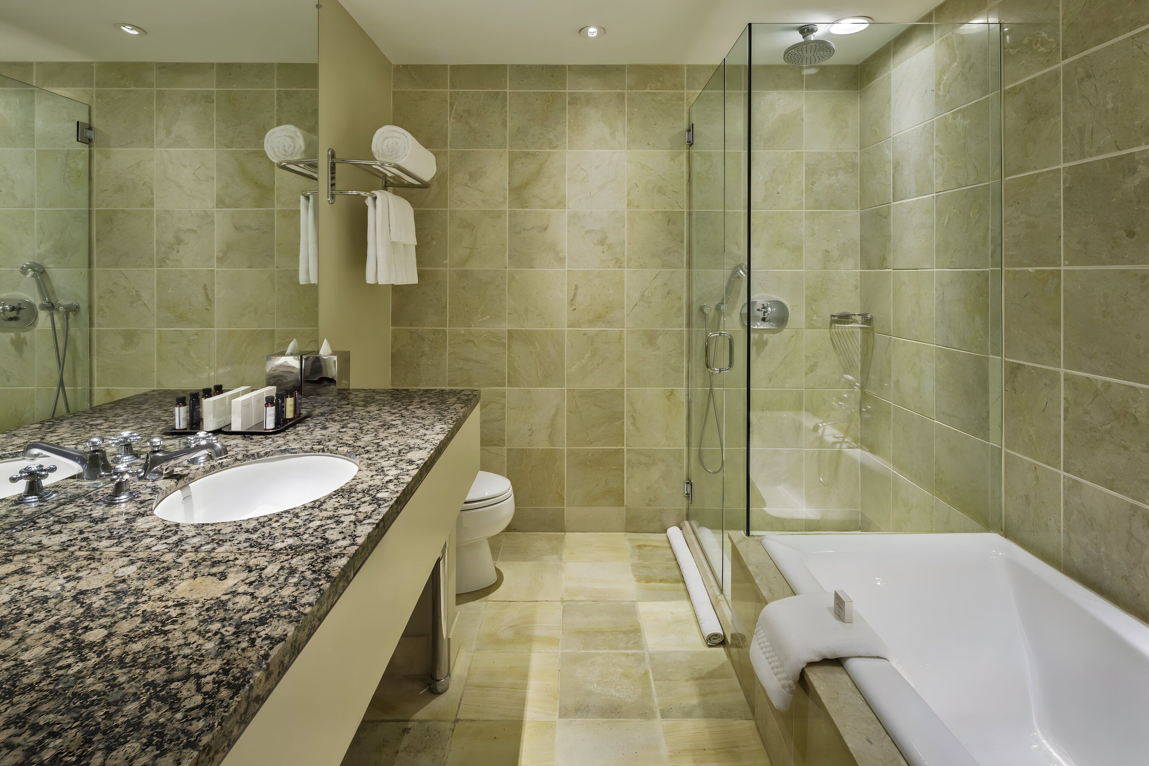 designer toiletries, hair dryer, bathrobes, towels