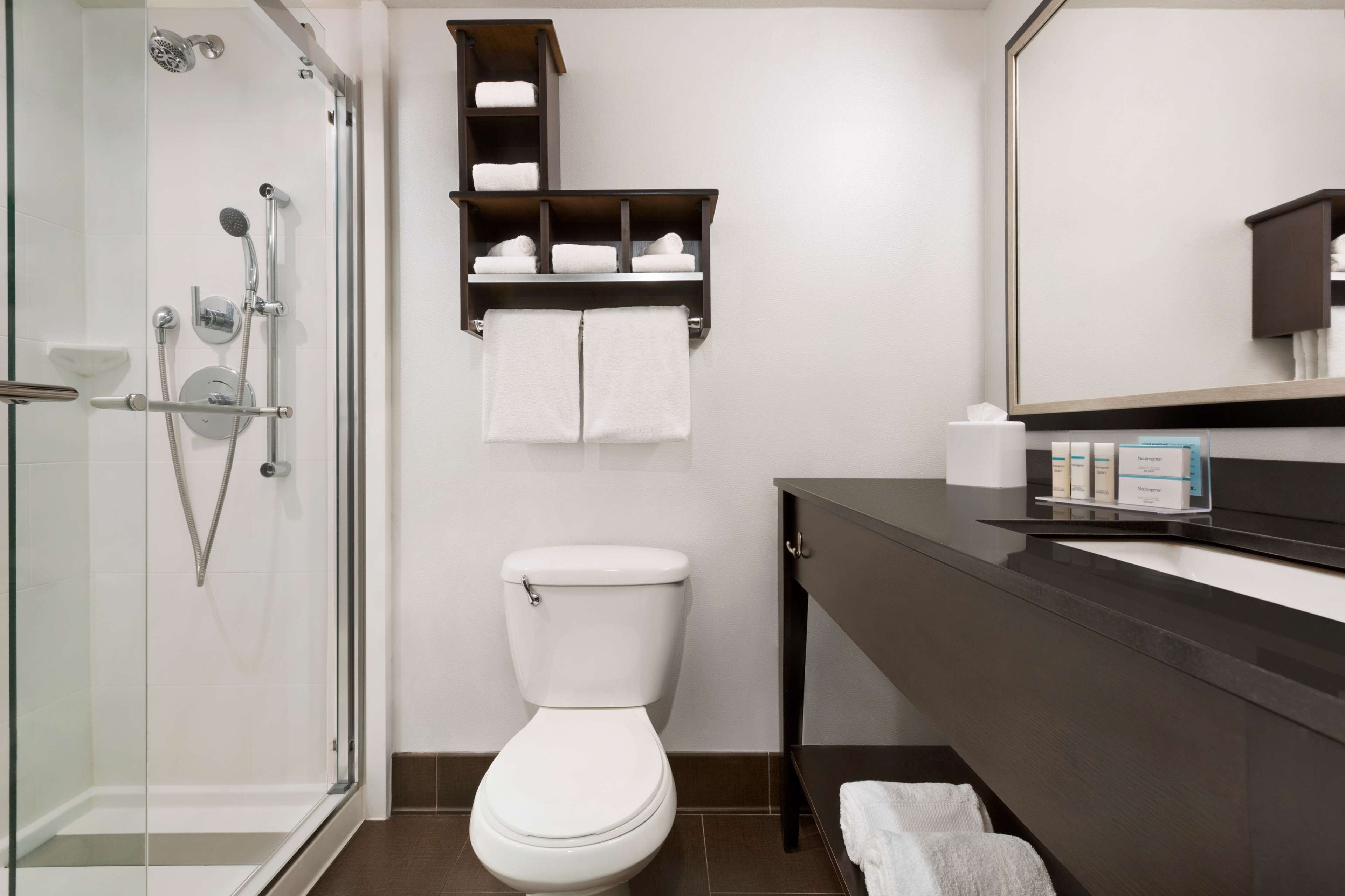A modern bathroom with a glass shower enclosure, a toilet, a dark wooden vanity with a mirror, and a towel rack with two towels.