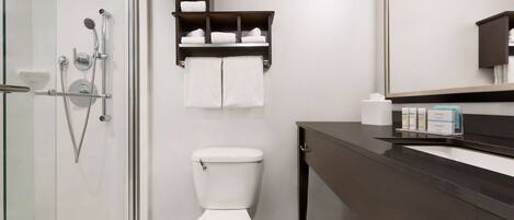 A modern bathroom with a glass shower enclosure, a toilet, a dark wooden vanity with a mirror, and a towel rack with two towels.