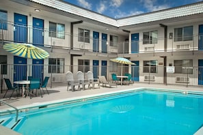 Seasonal outdoor pool, open 10:00 AM to 10:00 PM, pool umbrellas