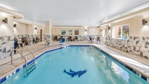 Una piscina interior con un diseño de tiburón en el suelo, rodeada de zonas de estar y una pared de azulejos.