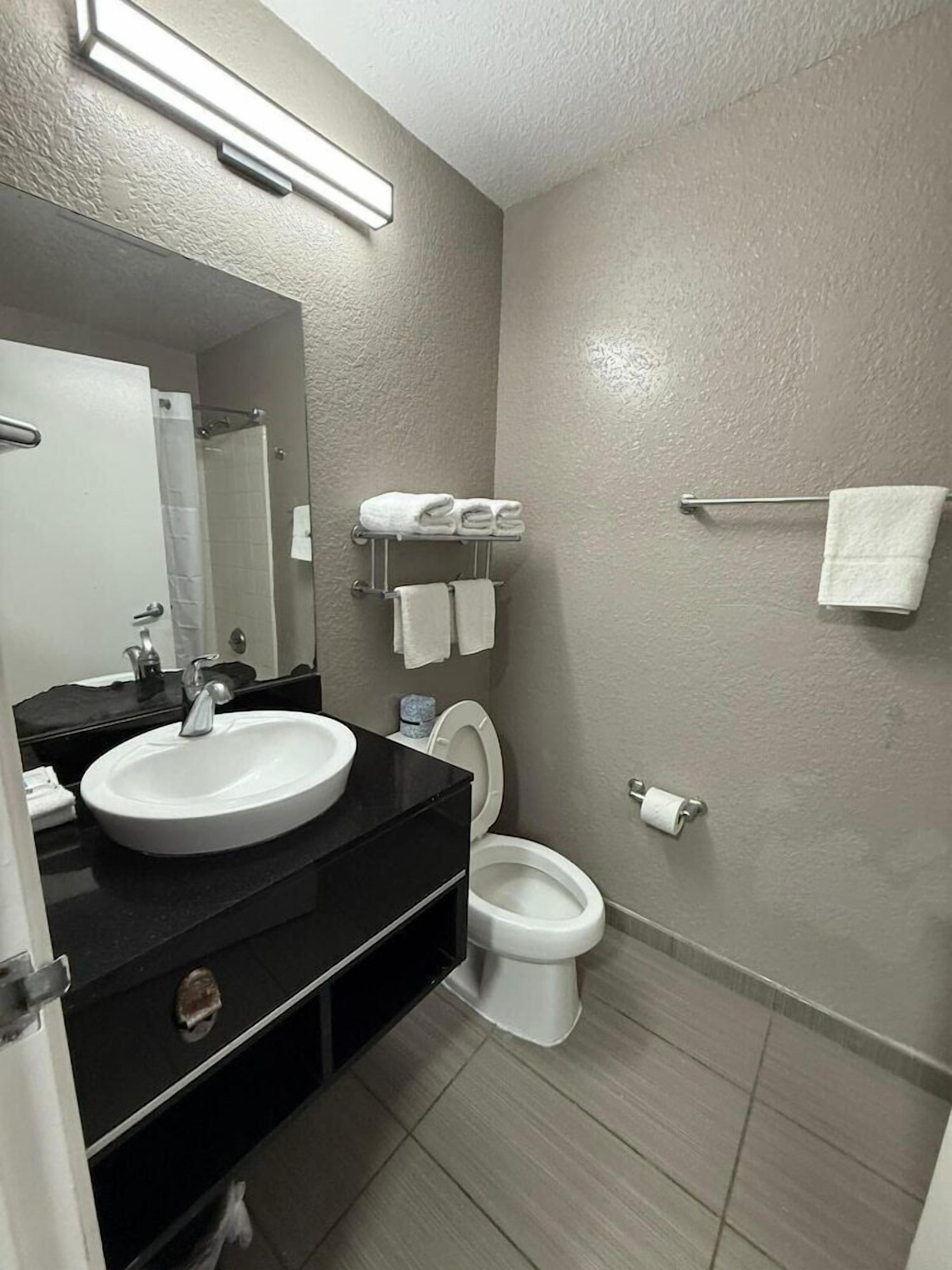 Un baño moderno con un lavamanos blanco, encimera negra y un espejo grande. Hay un inodoro con un perchero encima y un dispensador de papel higiénico en la pared.