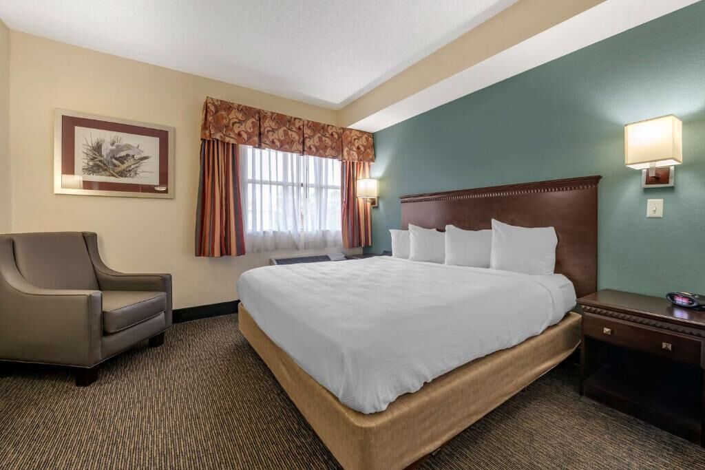Un cuarto de hotel con una cama grande, una silla, una mesita de noche, una lámpara y un cuadro en la pared.