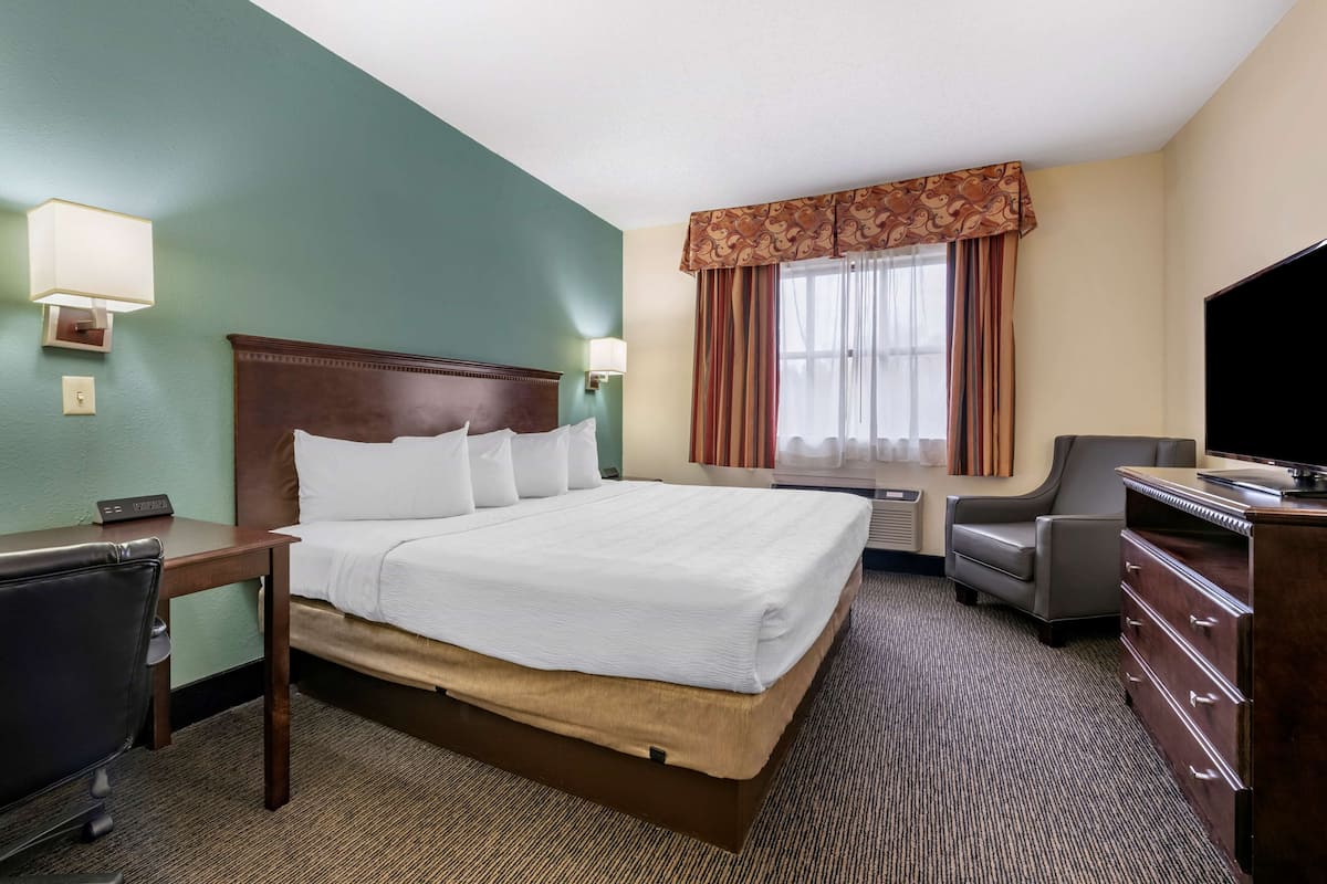 A hotel room with a large bed, a desk, a chair, a TV, and a dresser.