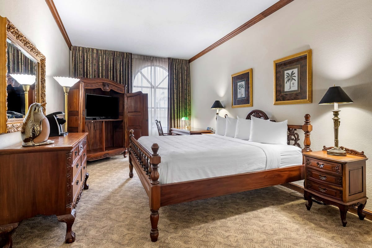 A hotel room with a wooden bed, a dresser, a TV, and a large mirror.