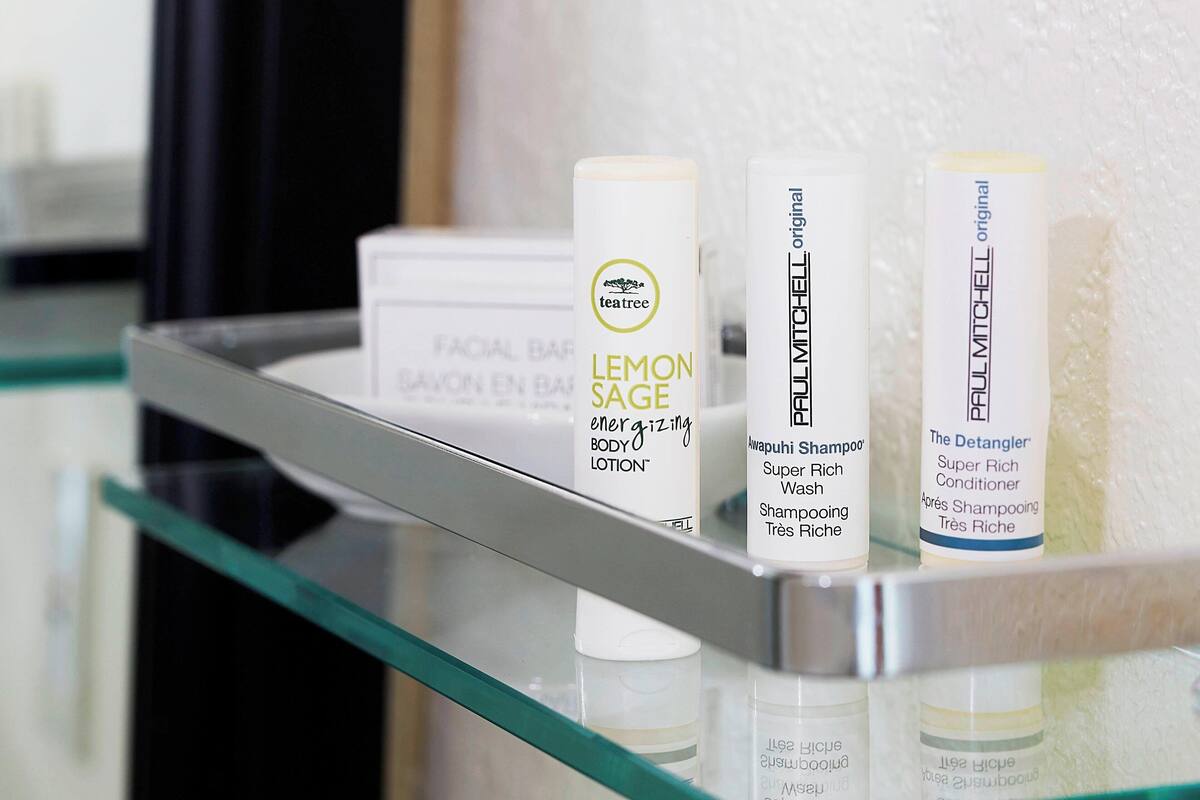 free toiletries, hair dryer, towels, soap