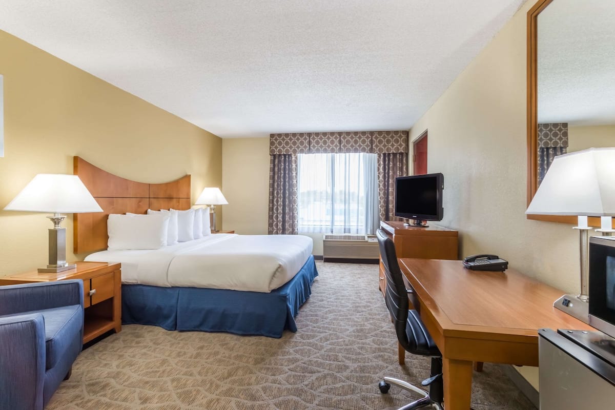 A hotel room with a bed, desk, chair, television, and a large mirror.