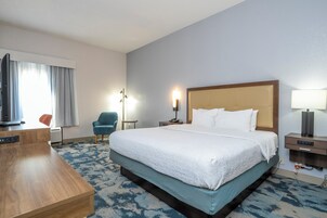 Habitación de hotel con una cama, un escritorio, una silla, una lámpara y un televisor.