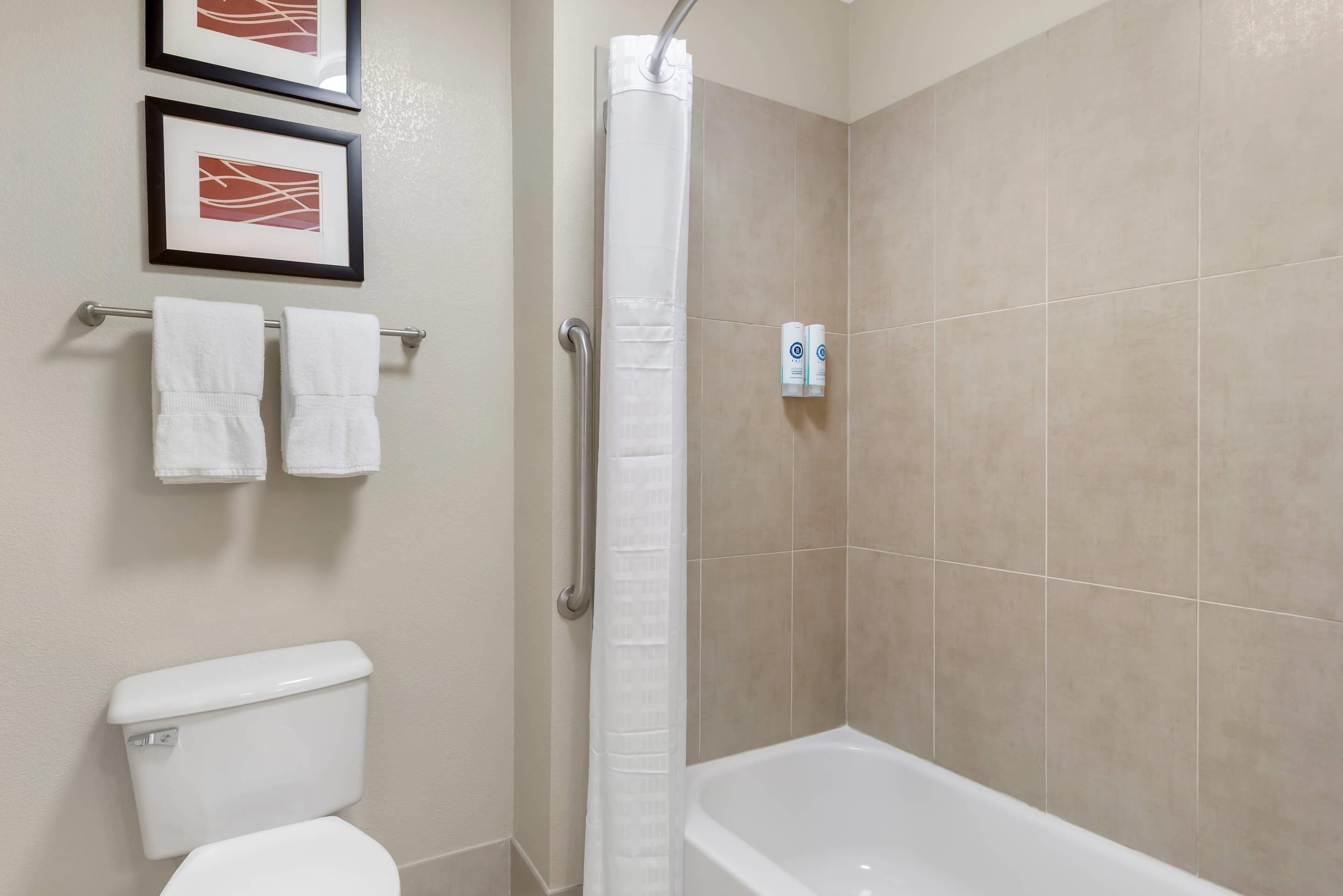 Ein Badezimmer mit Dusche, Toilette und zwei gerahmten Bildern an der Wand.