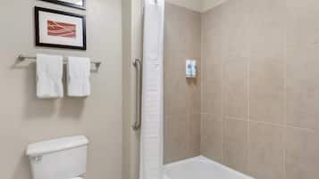 A bathroom with a shower, toilet, and two framed pictures on the wall.