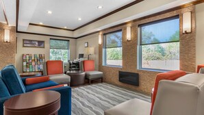 A hotel room with a fireplace, seating area, and large windows. - Comfort Inn Blairsville Butternut Creek (Blairsville)