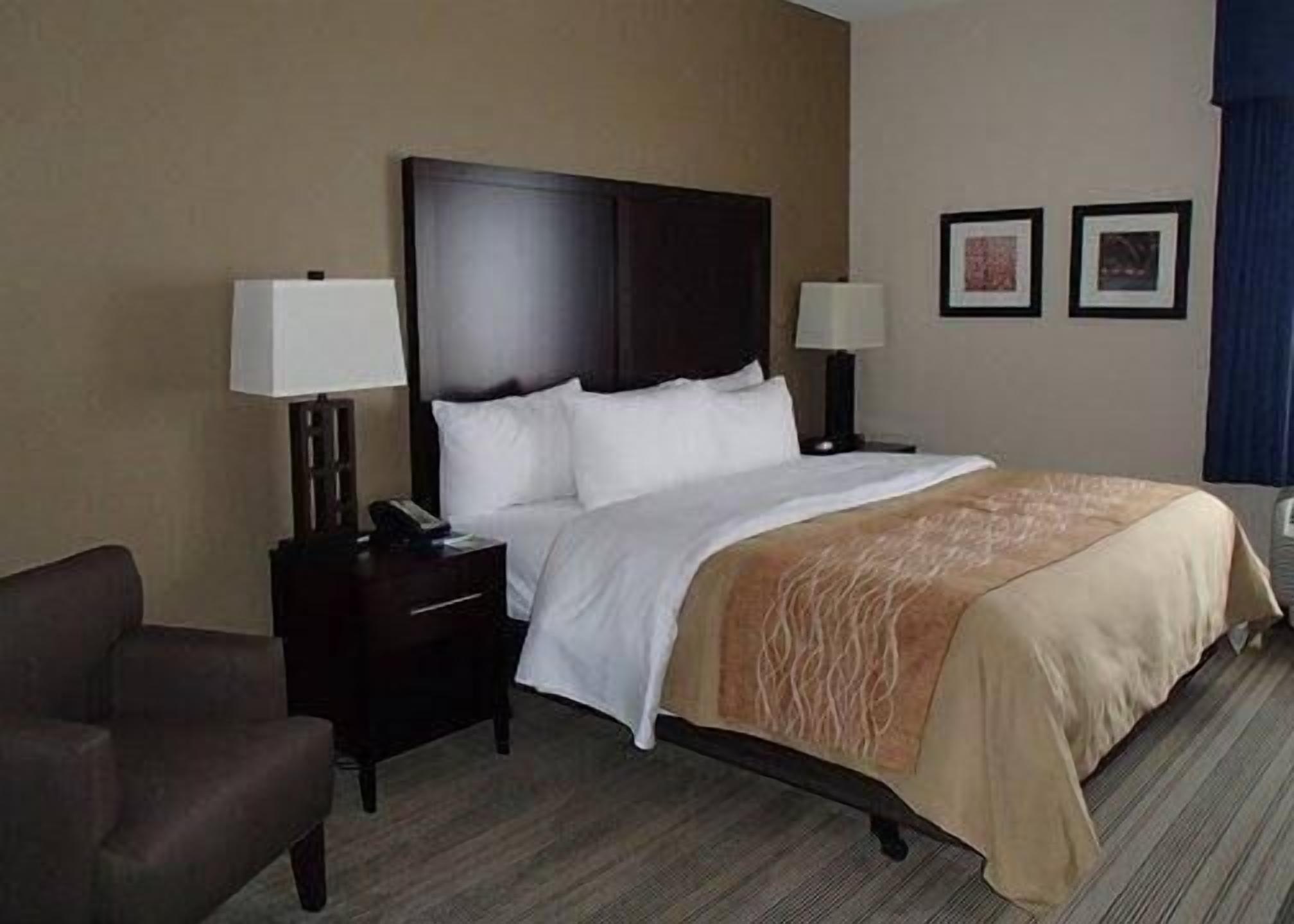 Premium bedding, desk, laptop workspace, blackout drapes