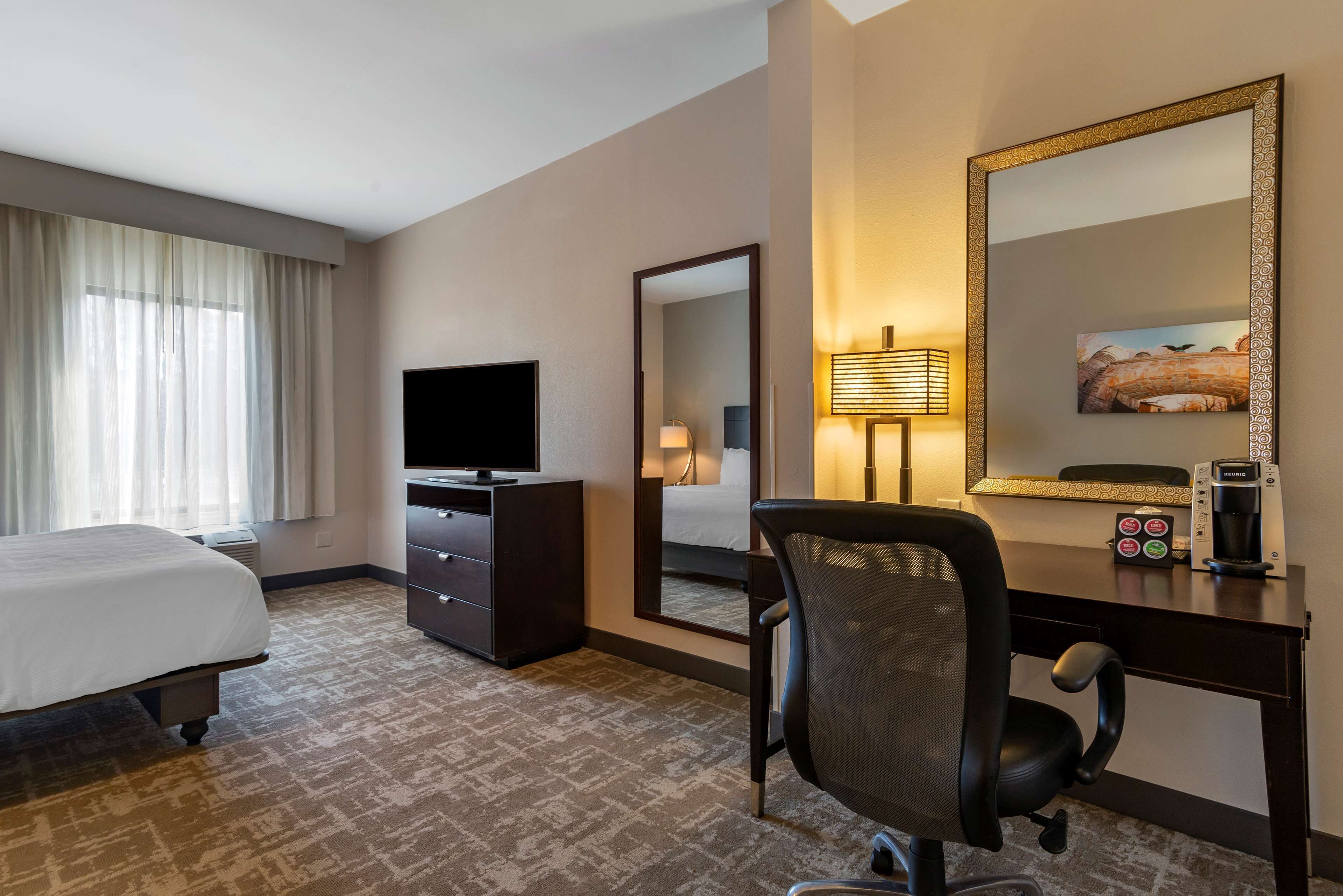 A hotel room with a bed, a desk with a chair, a television, a mirror, and a coffee maker.