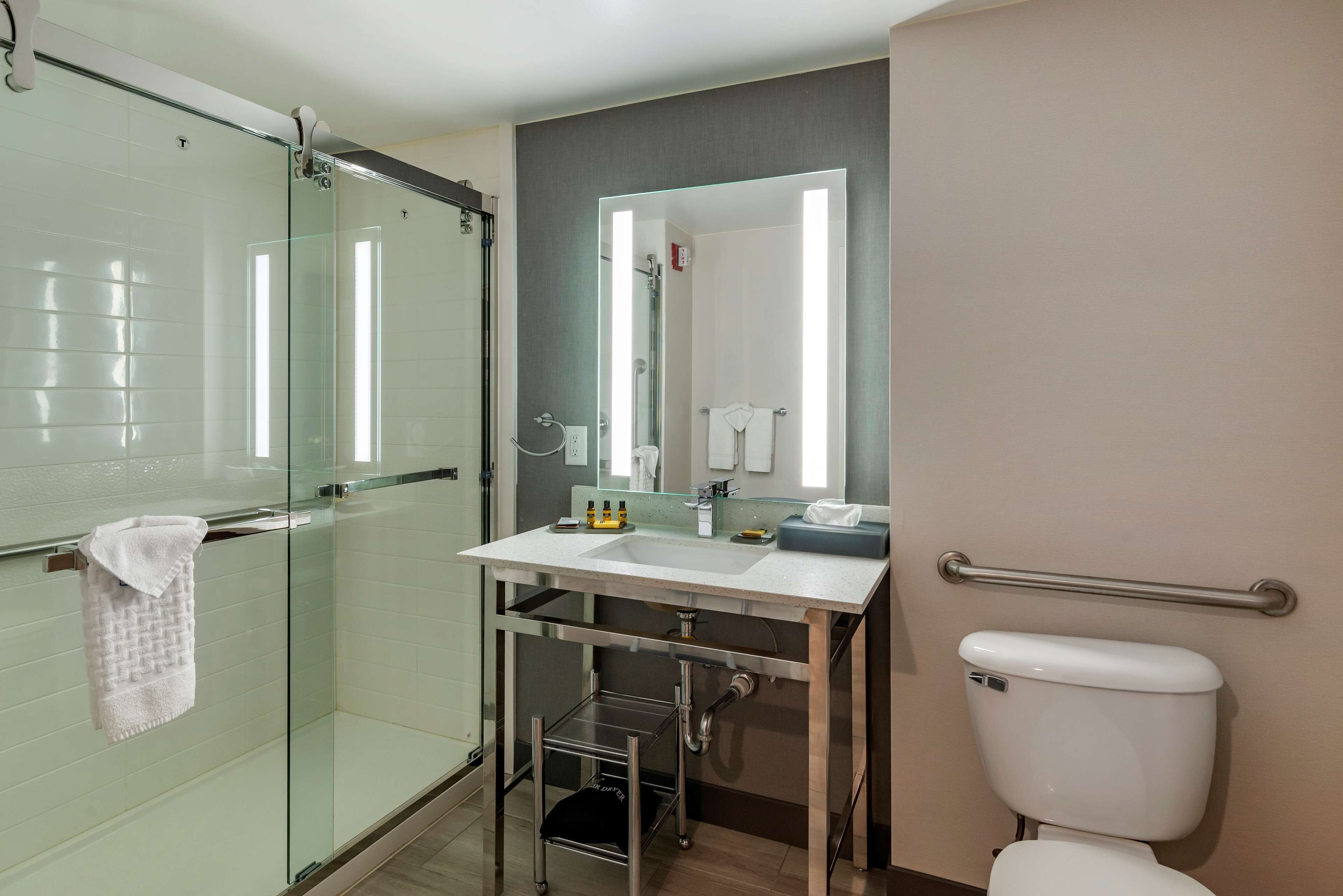 standard room, 1 king bed, accessible, refrigerator & microwave (walk-in shower) | bathroom | free toiletries, hair dryer, towels