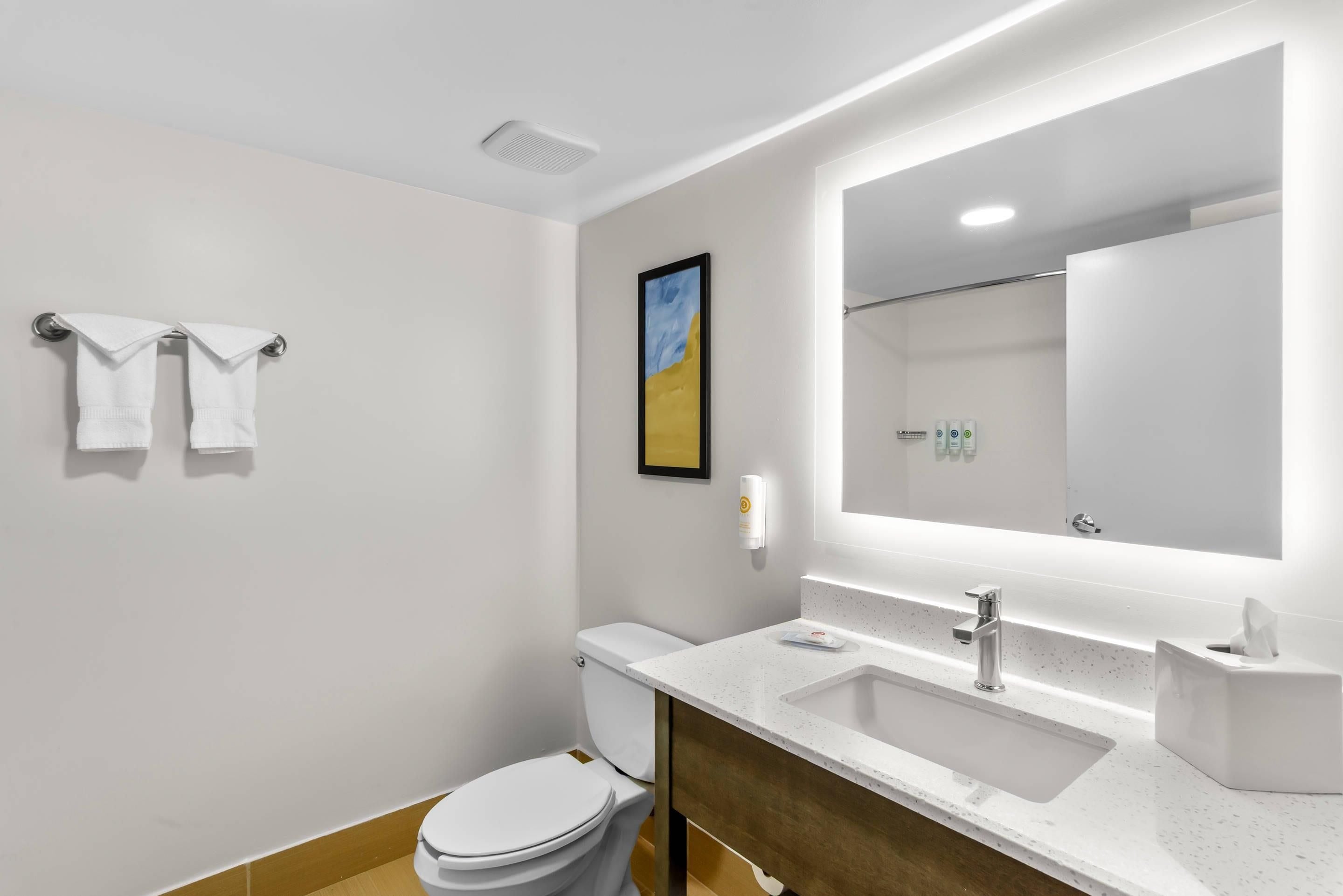 A modern bathroom with a white sink, a large mirror, and a toilet.