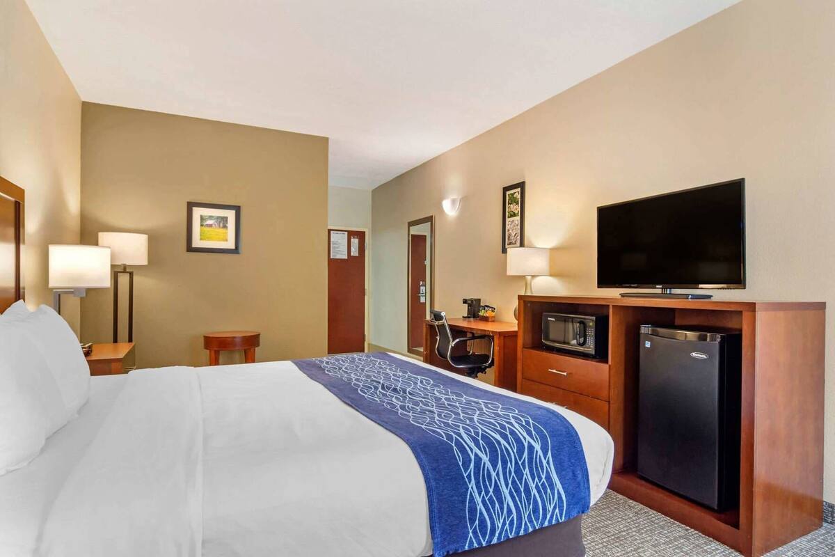 A hotel room with a bed, a desk, a television, a microwave, and a refrigerator.