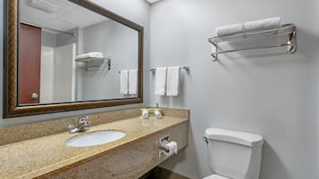 Un baño con un espejo grande, un lavamanos, un inodoro y un perchero para toallas.