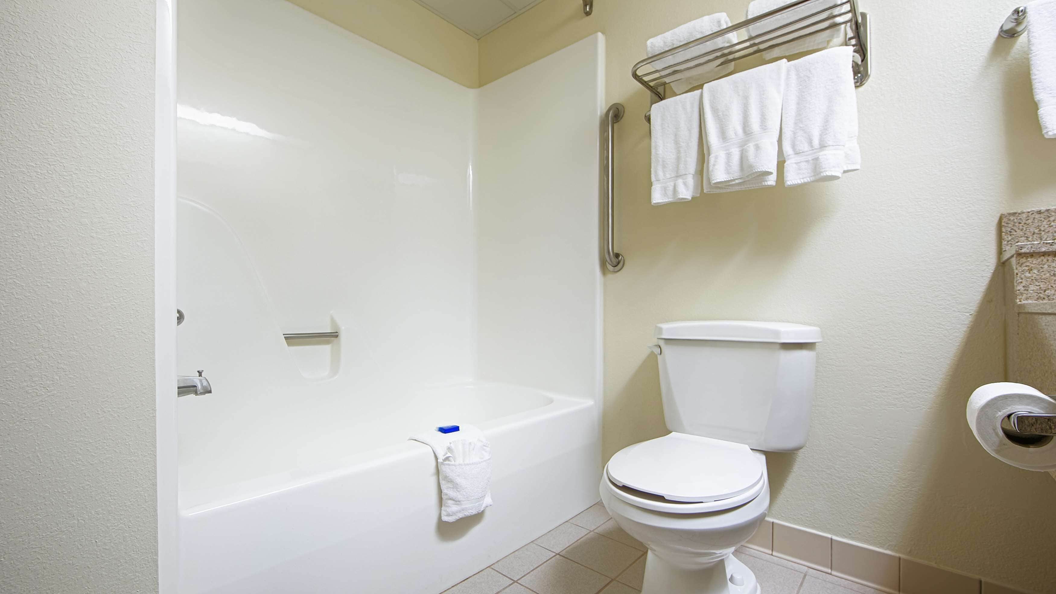 A bathroom with a bathtub, toilet, and towel rack.