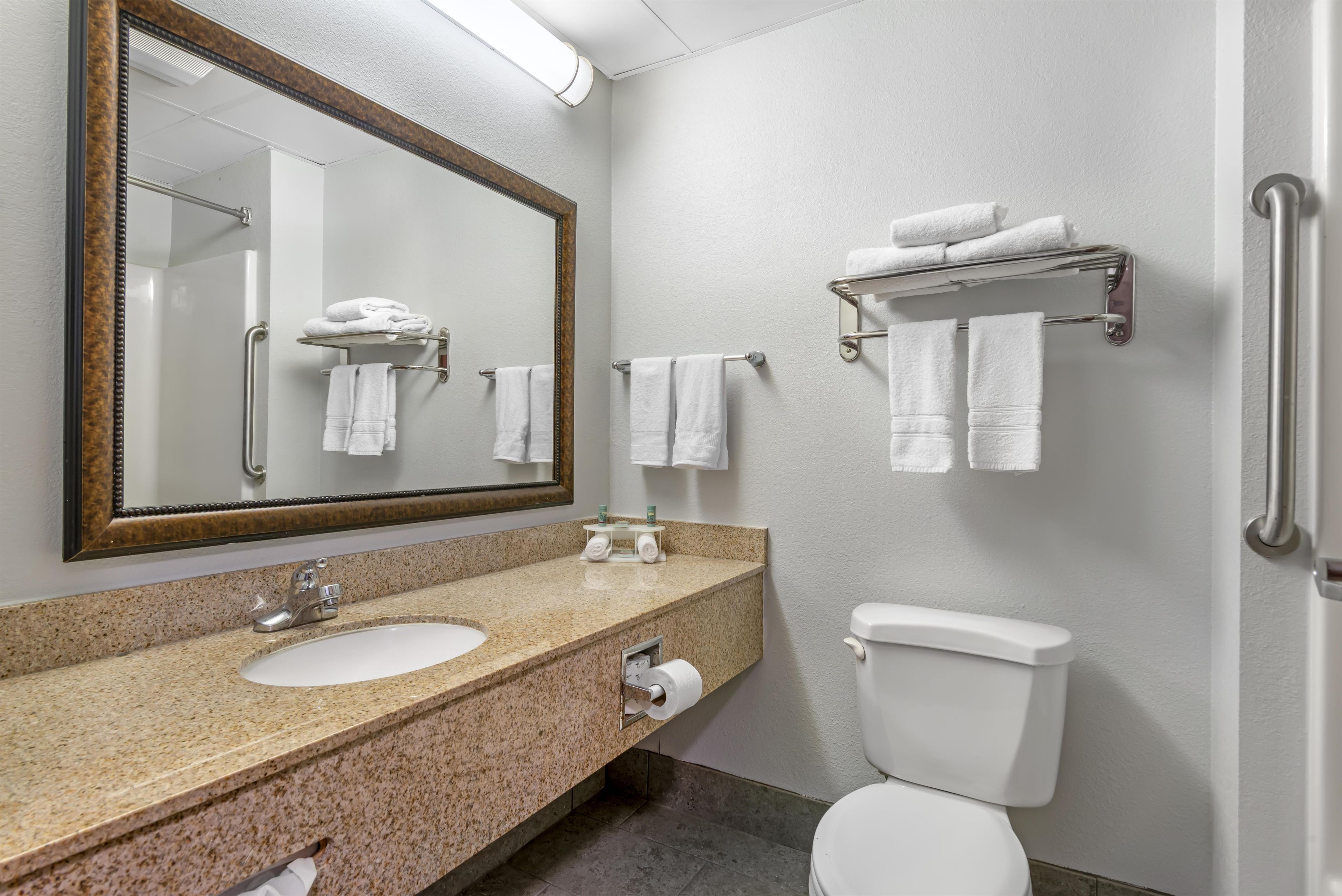 A bathroom with a sink, mirror, towel rack, and toilet.