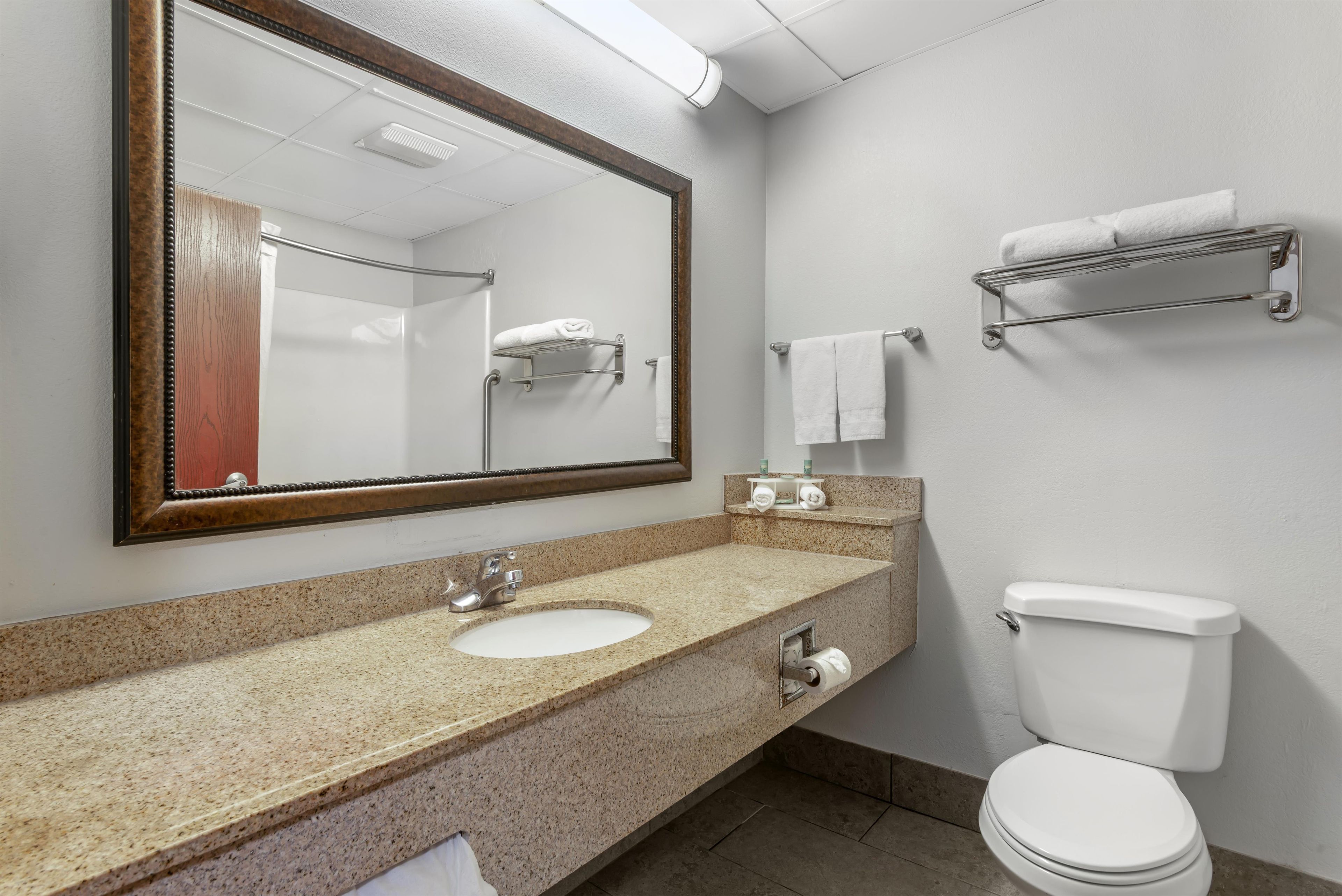 Une salle de bain avec un lavabo doté d’un plan de travail en granit, un miroir, des toilettes et un porte-serviettes.