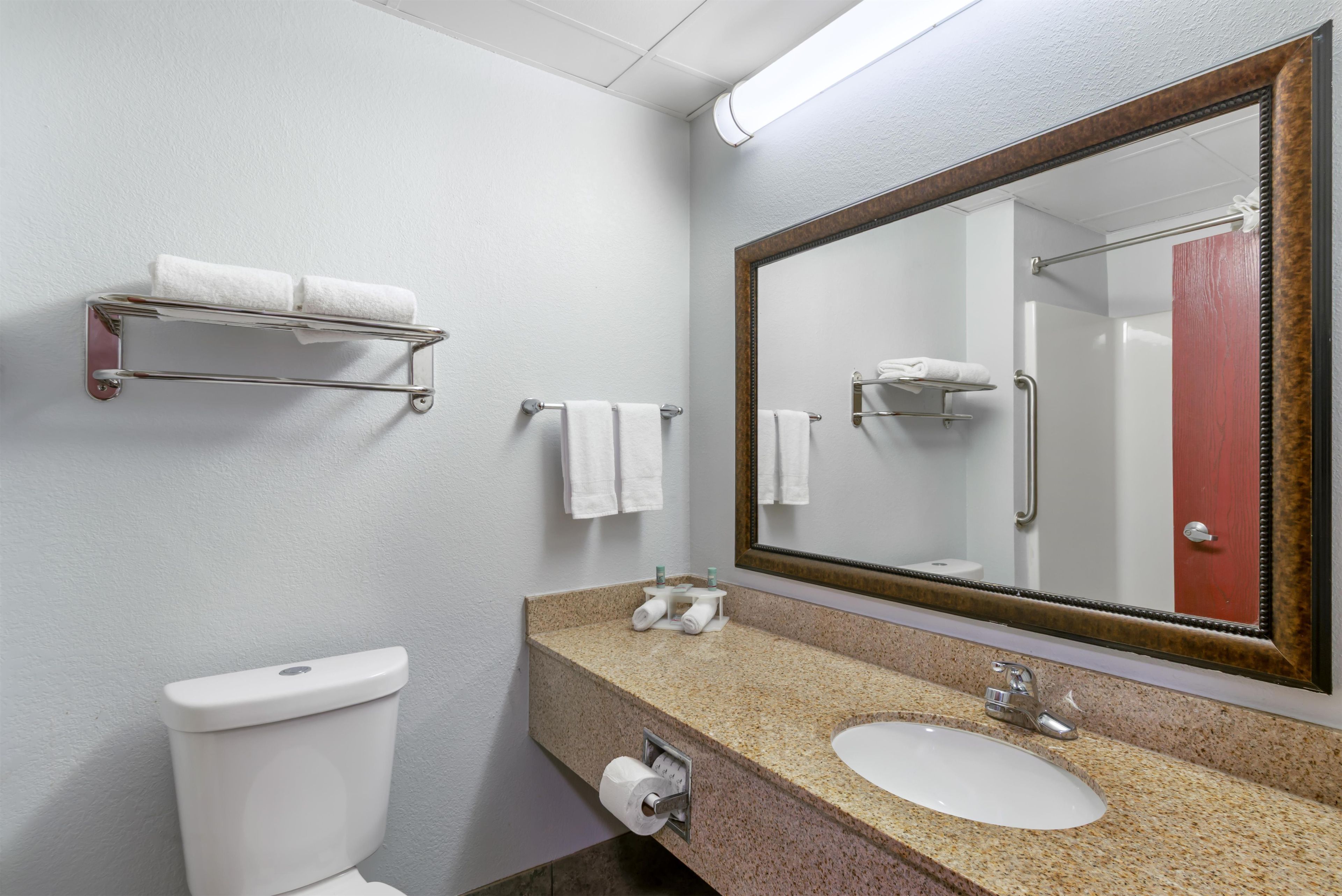 A bathroom with a toilet, sink, mirror, towel rack, and a shower area.