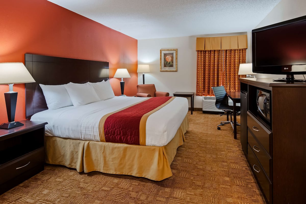 A hotel room with a large bed, a TV, a desk with a chair, and a microwave.