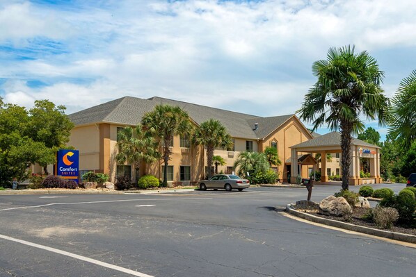 Experience the sleek, modern design of this hotel, featuring a flat roof and symmetrical facade, surrounded by lush palm trees and shrubs.