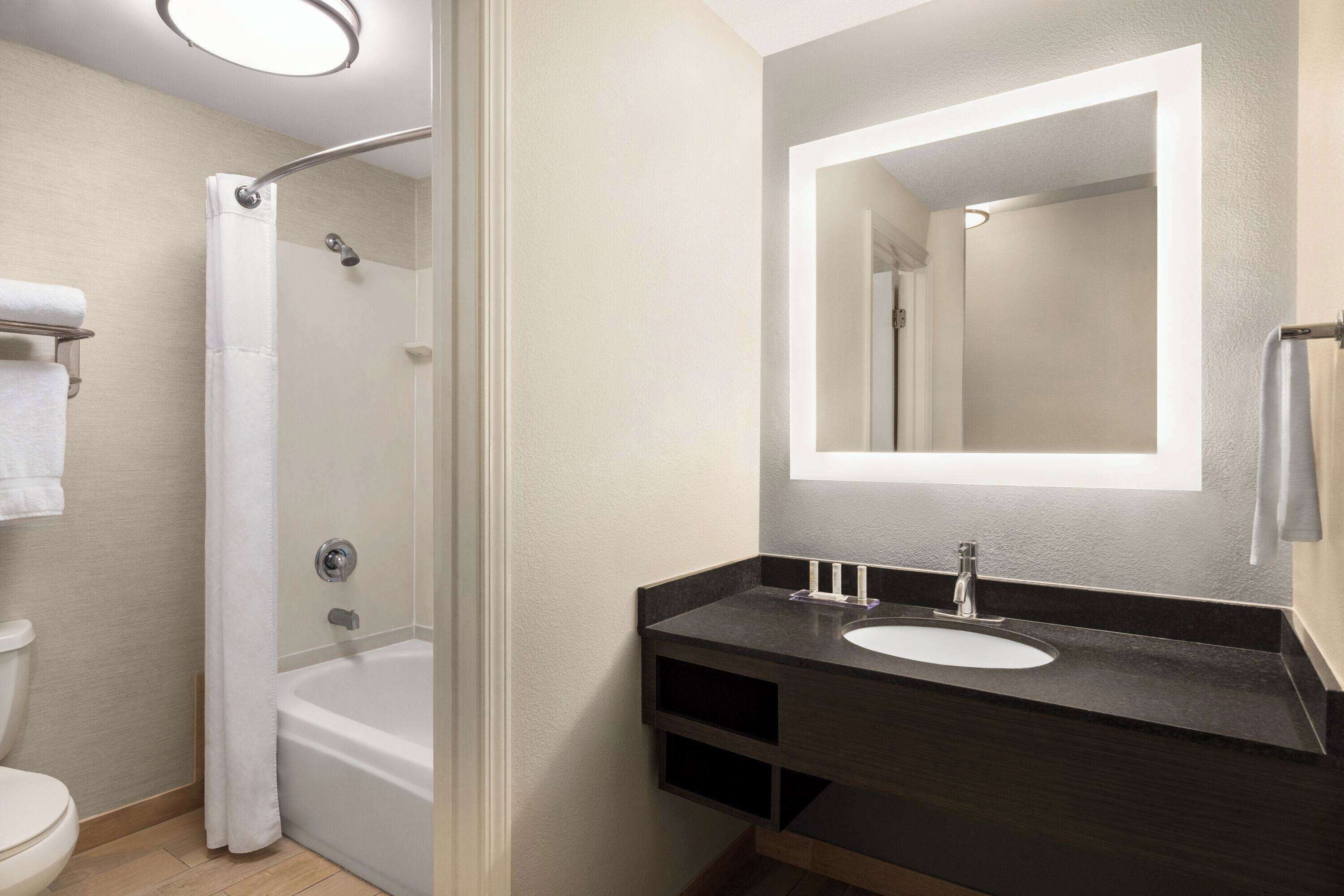 combined shower/bathtub, hair dryer, towels