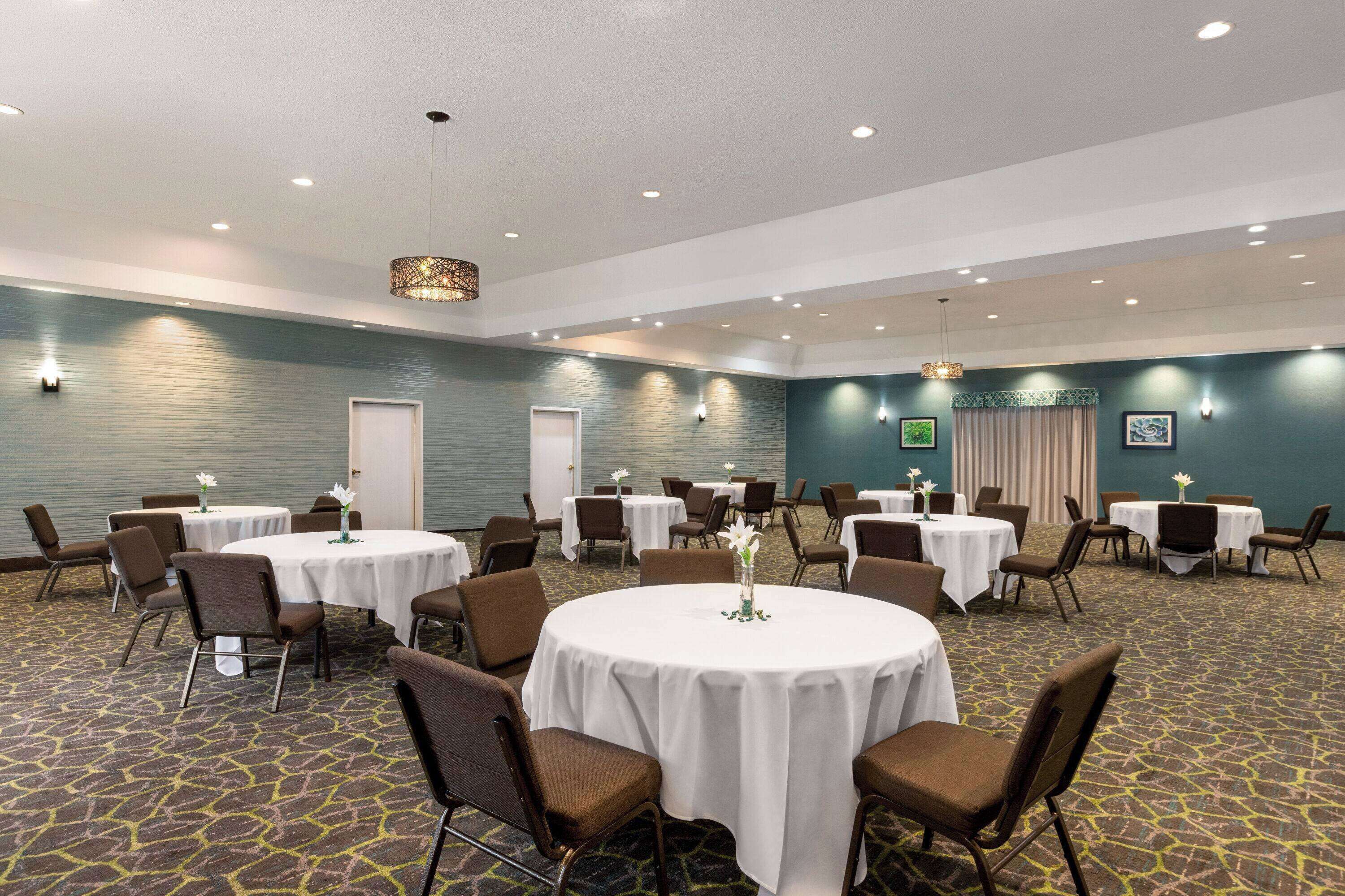 Une salle de conférence équipée de tables rondes, de chaises et d’un tapis à motifs.