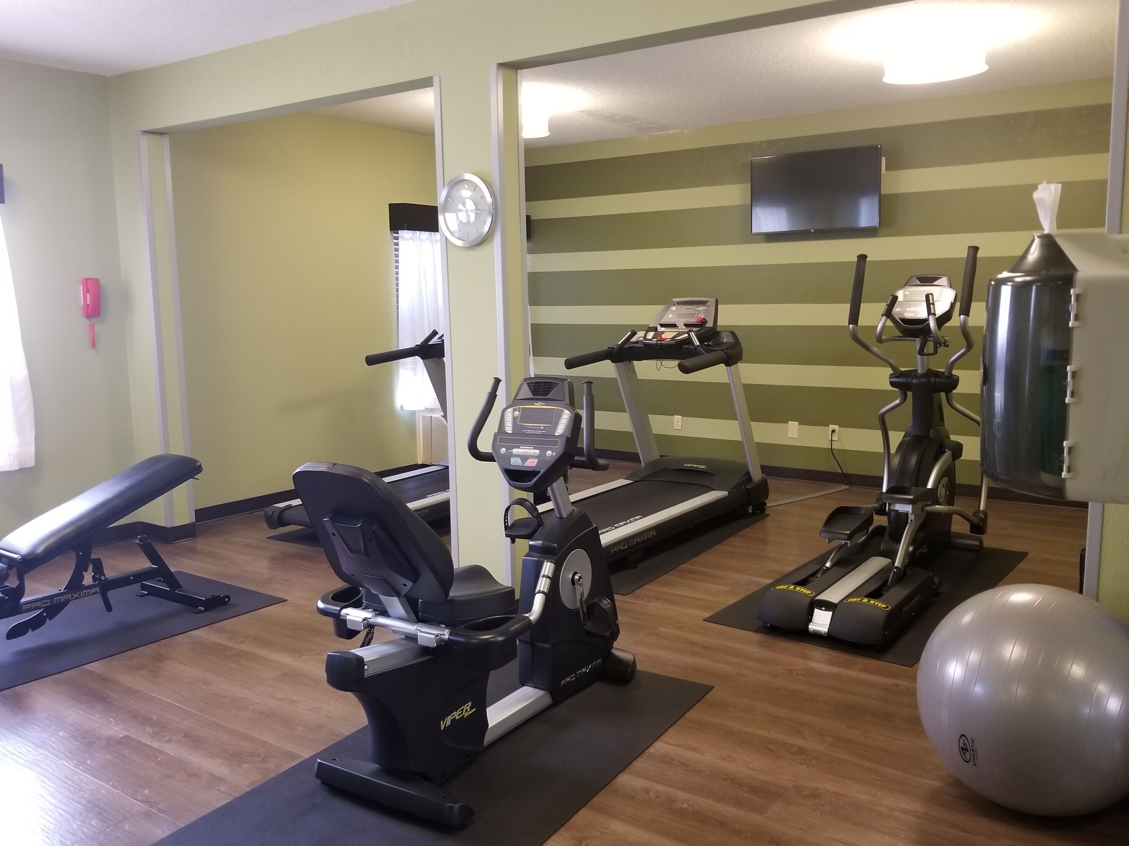 A gym with treadmills, an elliptical, a stationary bike, a bench, and an exercise ball.