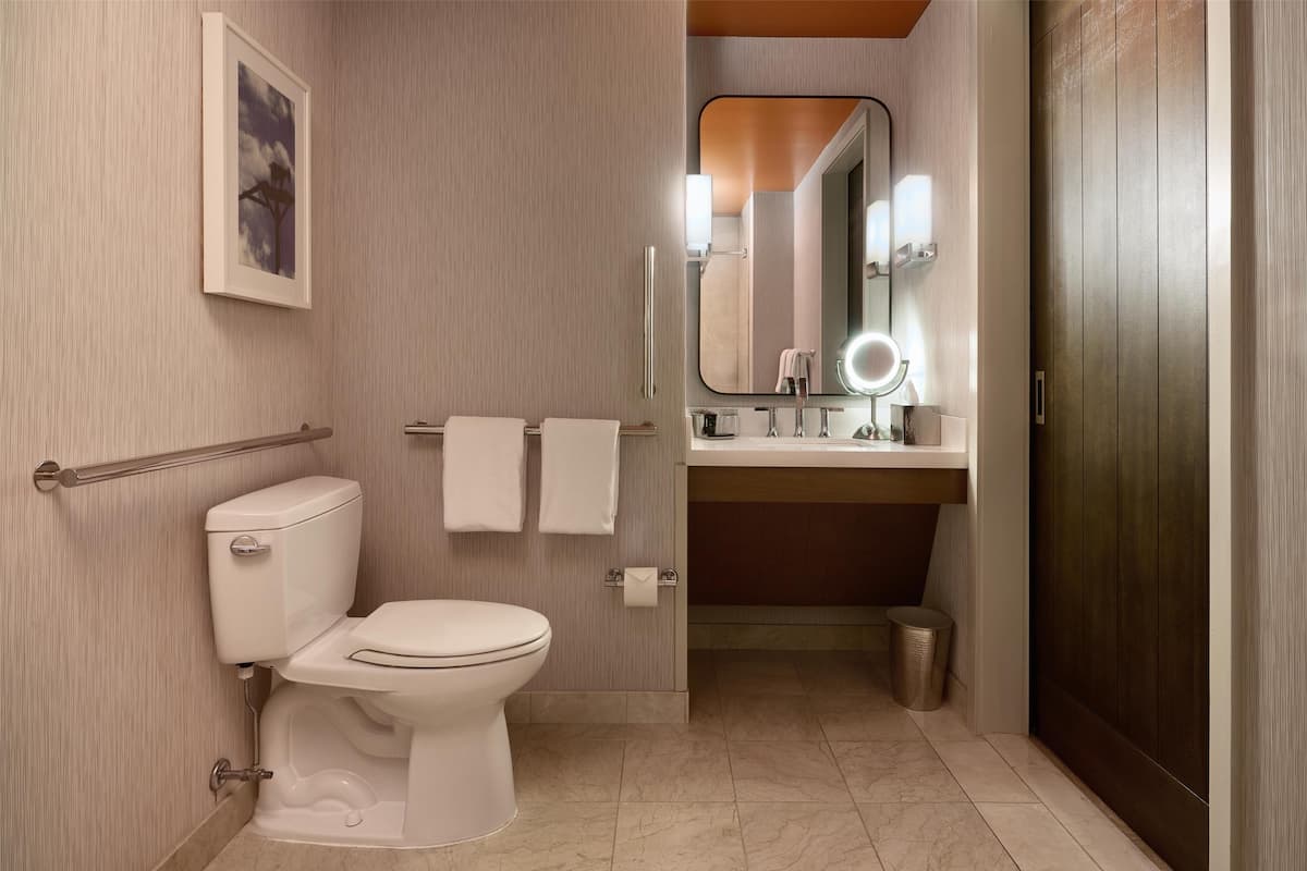 Regadera, amenidades de baño de diseñador, secadora de cabello, batas