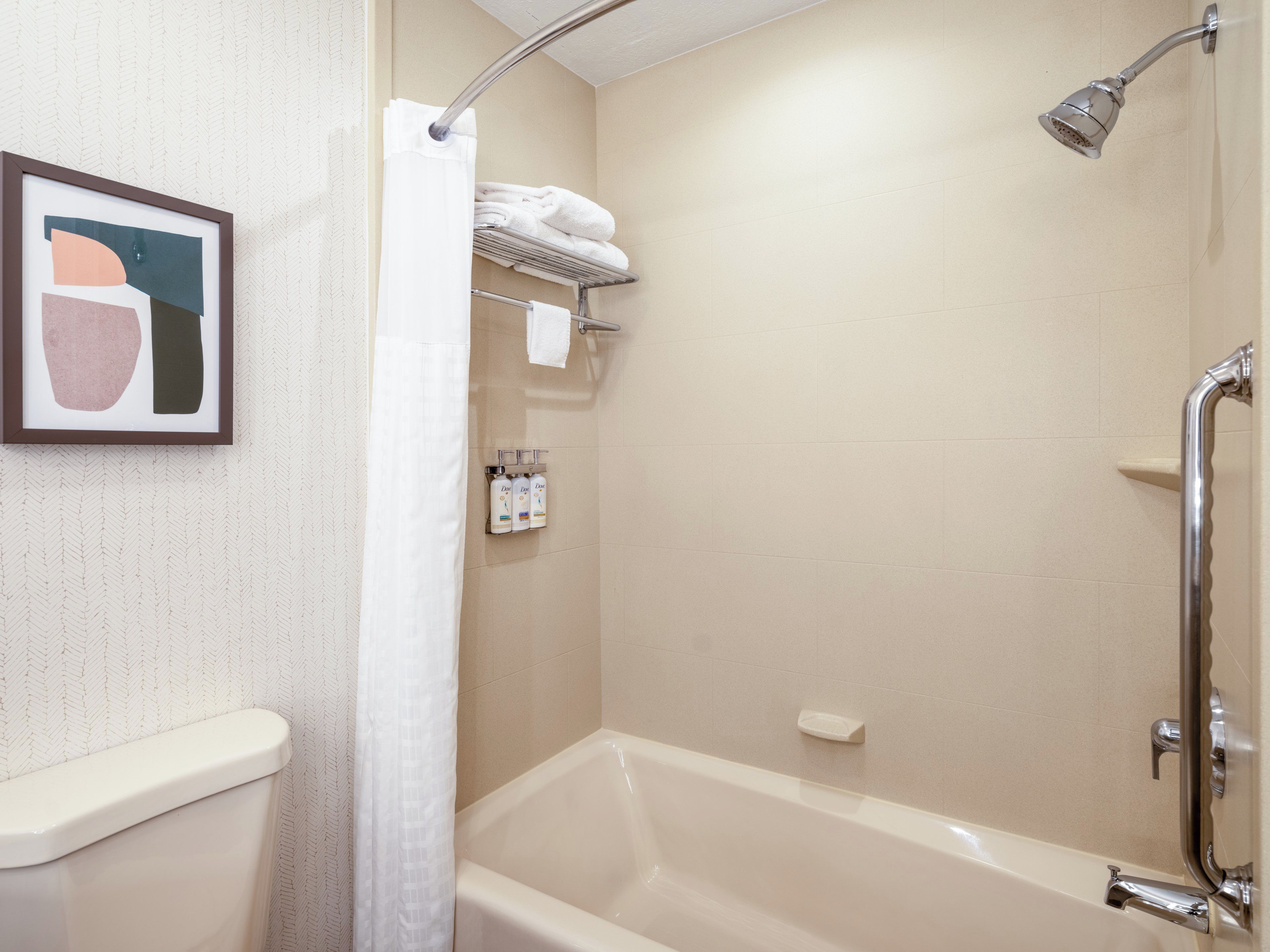 A bathroom with a bathtub, shower, and a framed picture on the wall.