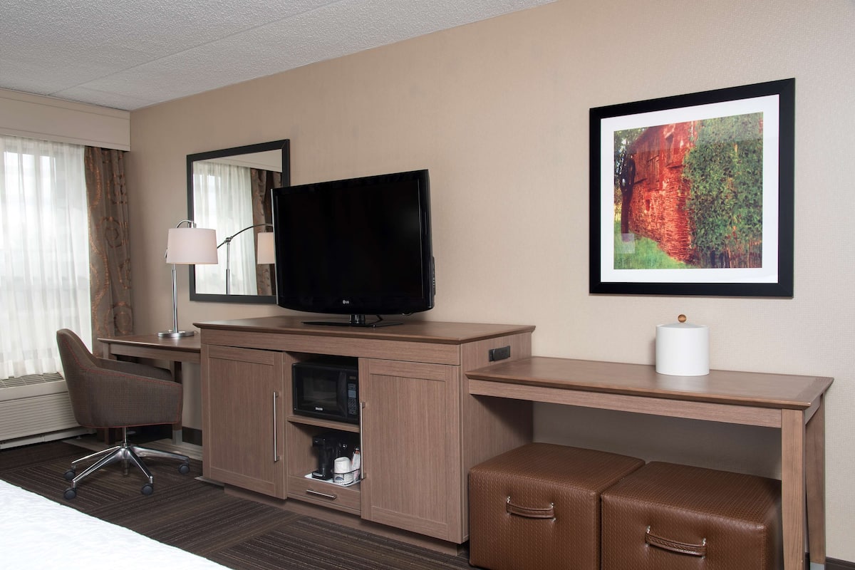 A hotel room with a bed, a desk, a television, a chair, a cabinet with a microwave, and a framed picture on the wall.