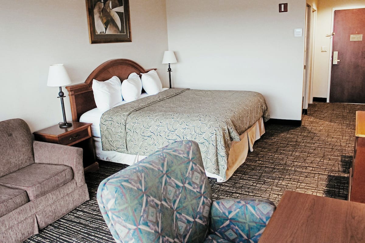 Habitación de hotel con cama, dos mesitas de noche con lámparas, un sofá y un sillón estampado.
