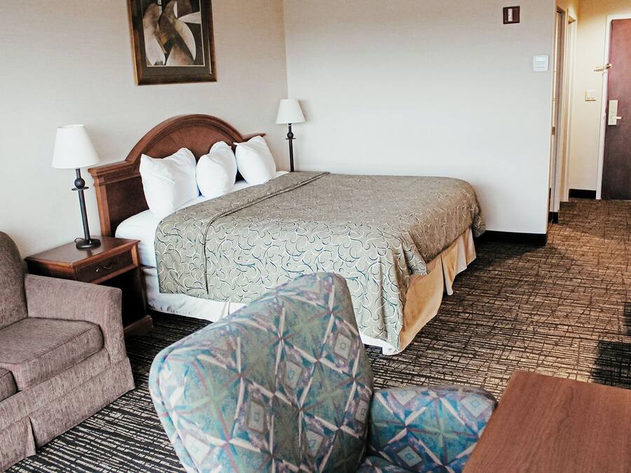 Habitación de hotel con cama, dos mesitas de noche con lámparas, un sofá y un sillón estampado.