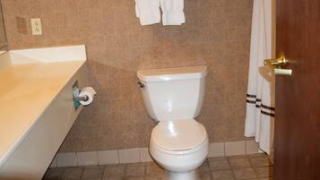 A bathroom with a toilet, a bathtub, and a shower curtain.