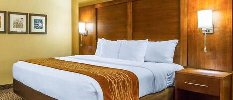 A hotel room with a large bed, a wooden headboard, a nightstand, and a wall-mounted lamp.
