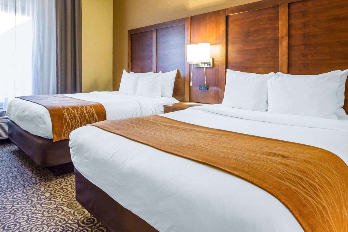 A hotel room with two beds, a wooden headboard, a bedside table with a lamp, and a patterned carpet.