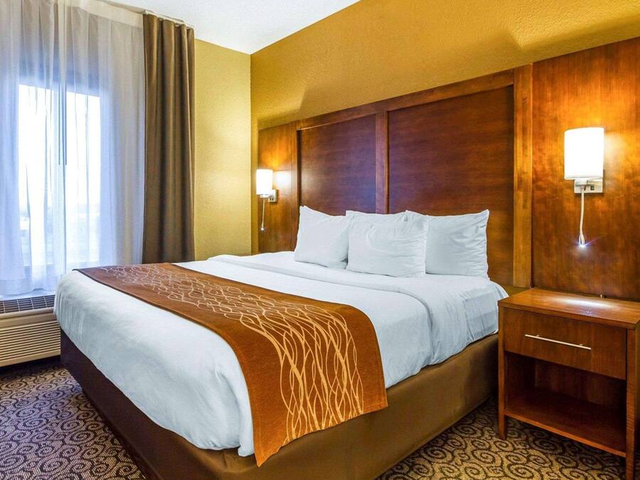A hotel room with a large bed, a wooden headboard, two bedside lamps, a nightstand, and a patterned carpet.