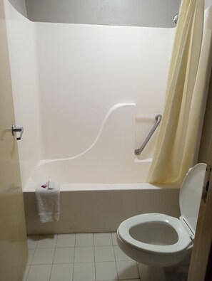 Bathroom features a bathtub, toilet, and shower area with grab bar for safety.