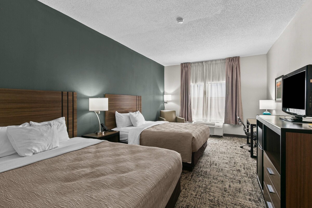 Standard Room, 2 Queen Beds, Non Smoking | Iron/ironing board, WiFi (surcharge), alarm clocks, bed sheets