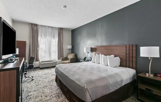 Una habitación de hotel con una cama grande, un escritorio con televisor de pantalla plana, una silla, una lámpara de escritorio y una mesita de noche con lámpara.