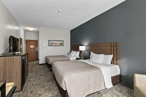 Una habitación de hotel con una cama, mesitas de noche, un escritorio y un televisor.