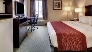 A hotel room with a bed, desk, chair, television, and two bedside lamps. - Columbia Inn & Suites (Columbia)