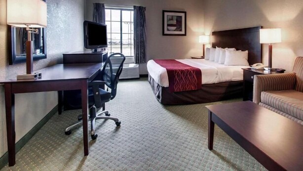 A hotel room with a bed, desk, chair, and a television. - Columbia Inn & Suites (Columbia)
