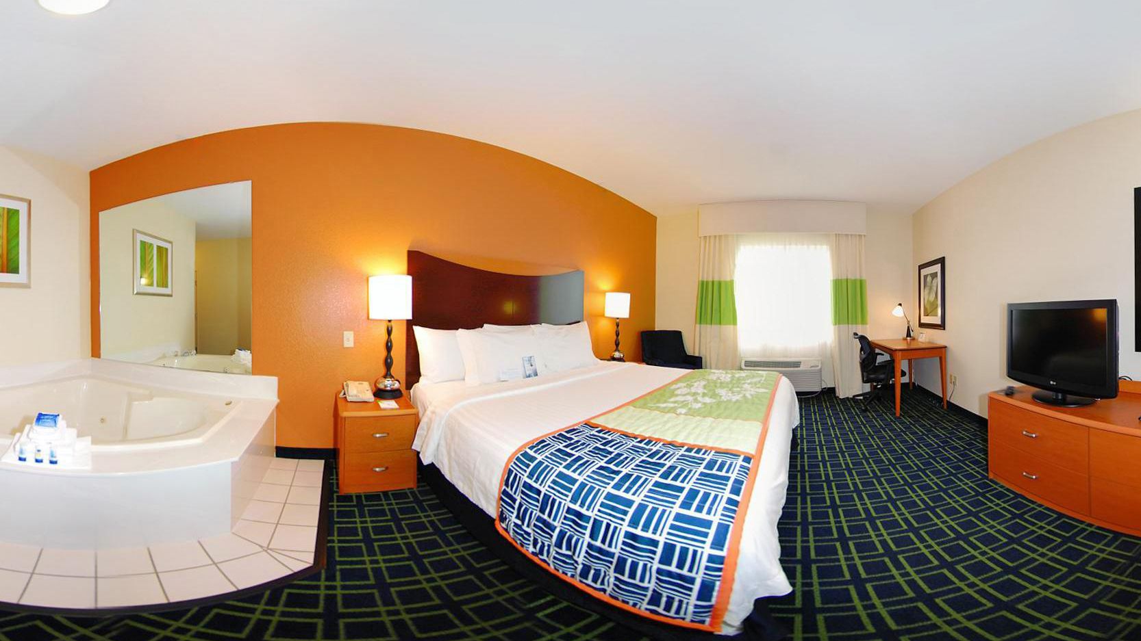 premium bedding, pillow-top beds, desk, blackout curtains